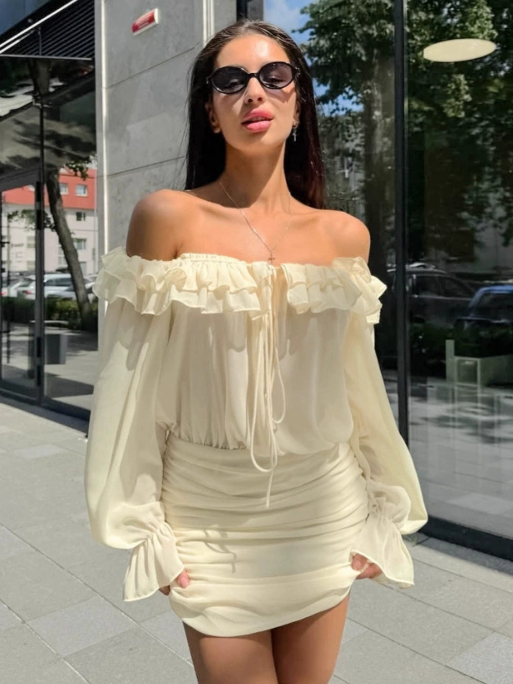 Forever 21 Apricot Ruffle Chiffon Bodycon Mini Dress Fall